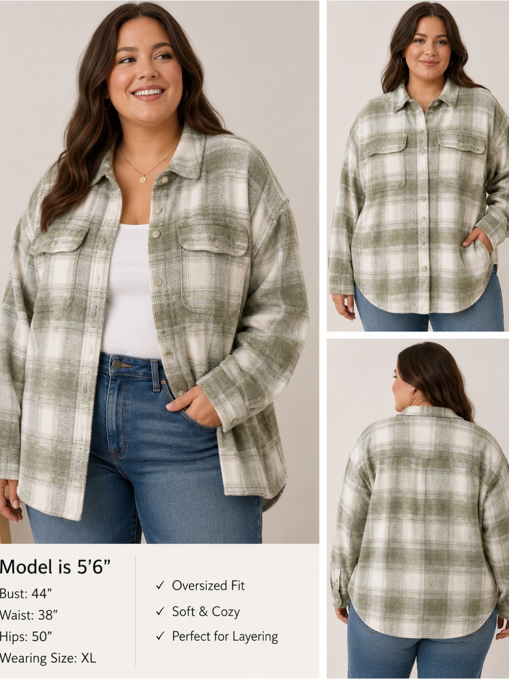 American Eagle Oversized Plaid Shacket Jacket Green White XL‎ Soft Button Front